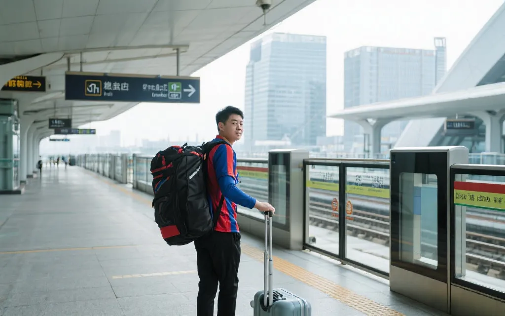 球迷在机场与城市轨道交通之间顺畅换乘的旅行氛围图