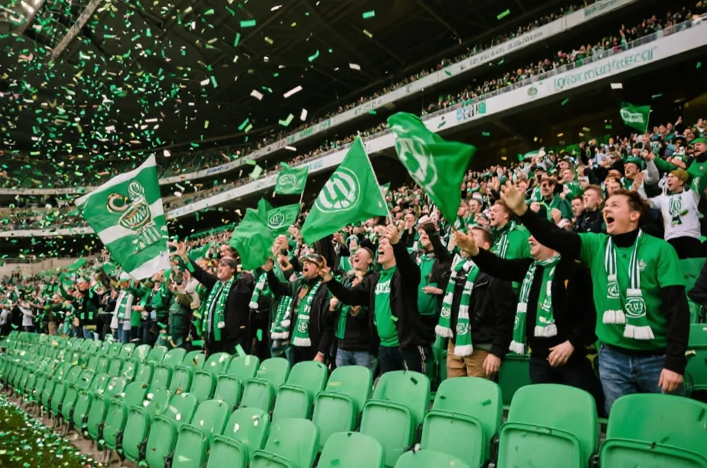 Vibrant stadium grandstand with passionate fans wearing green colors waving flags and celebrating with confetti